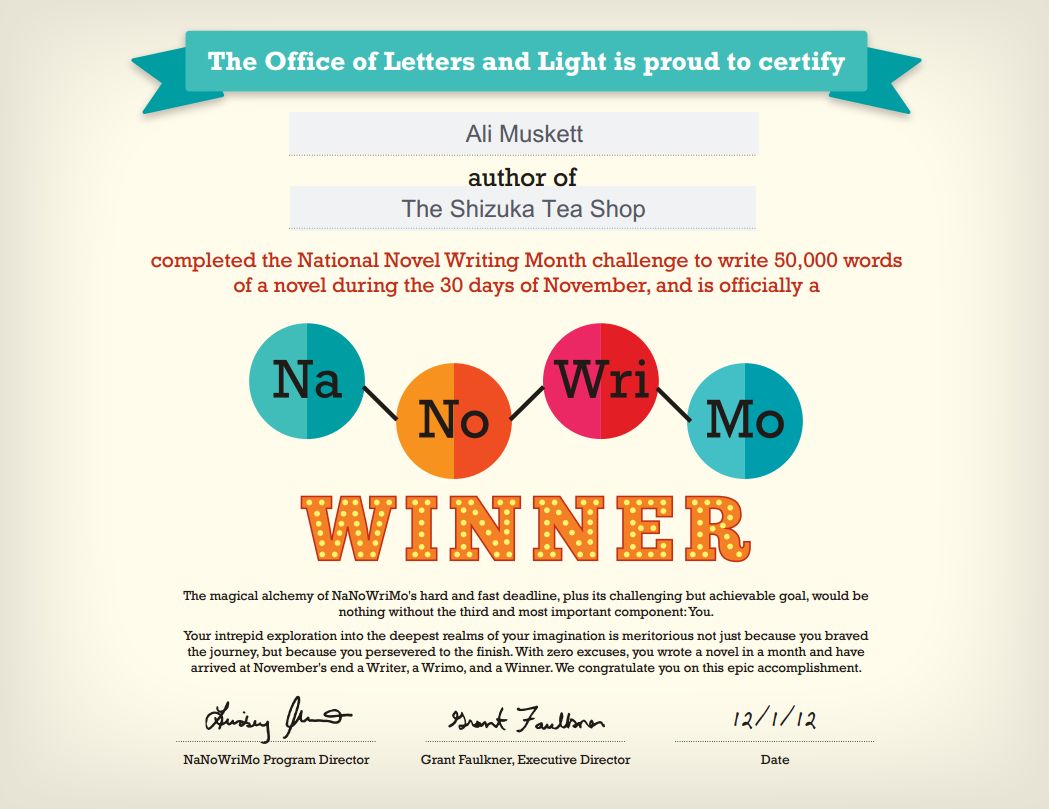 NaNoWriMo 2012 certificate